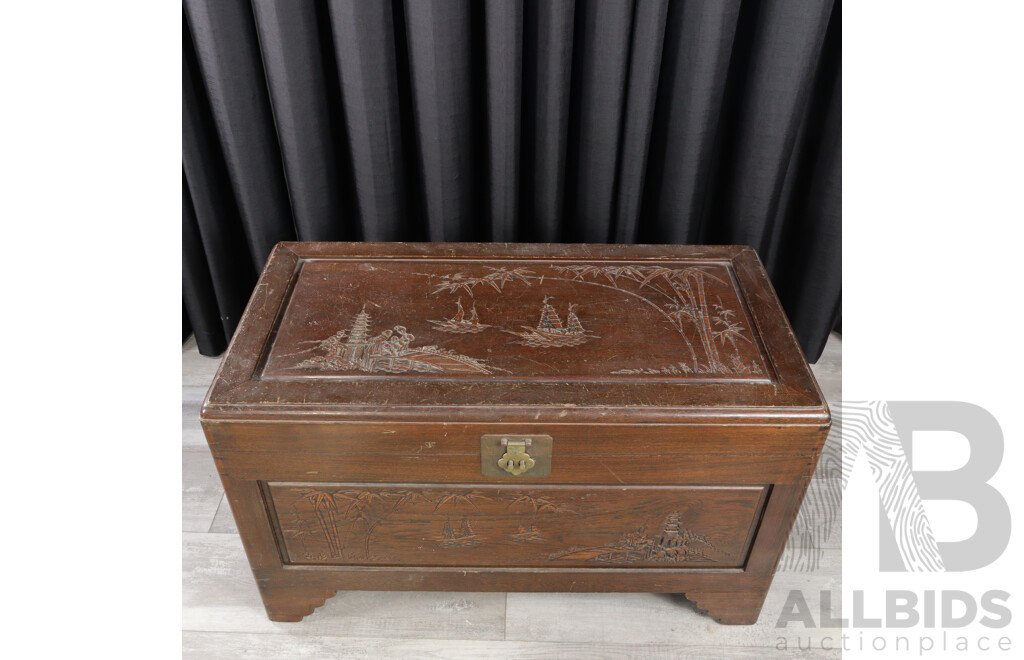 Reproduction Mid Century Style Carved Chinese Camphor Wood Chest
