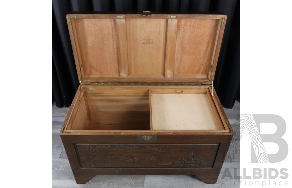 Reproduction Mid Century Style Carved Chinese Camphor Wood Chest