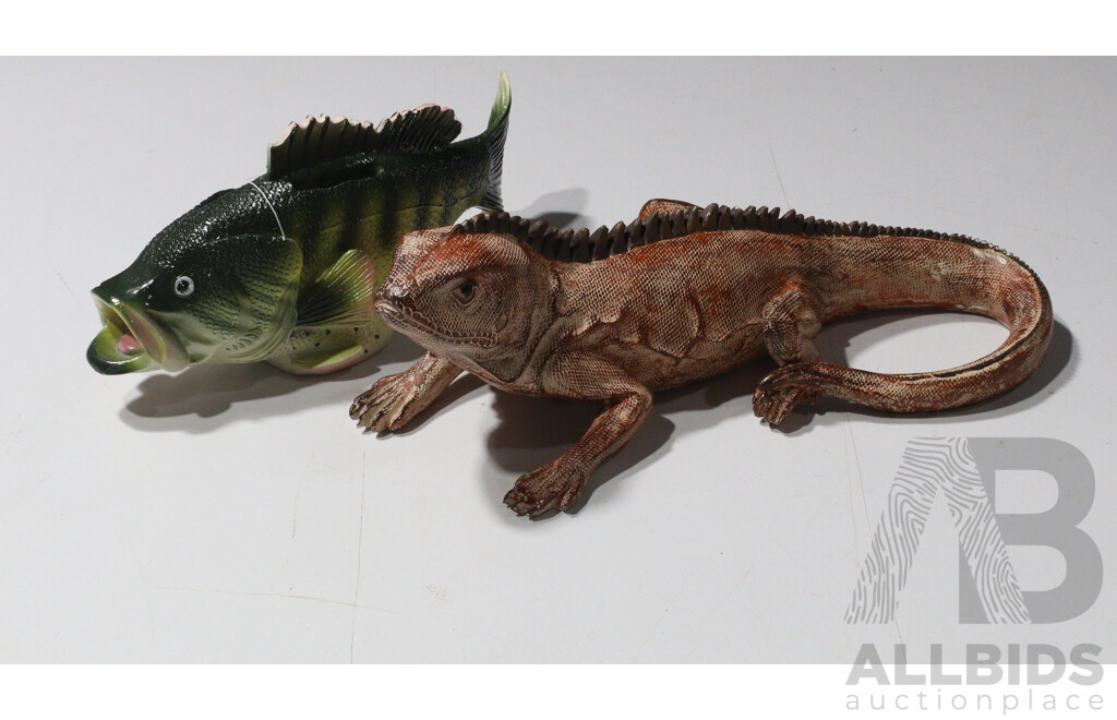 Pair of Animal Figurines Fish Money Box and Iguana by Home and Gift