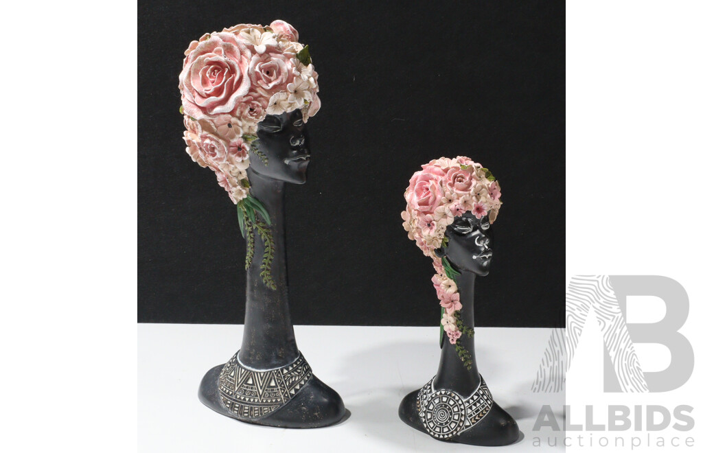 Pair of Decorative African Womas Heads Sculptures with Elaborate Floral Headpiece