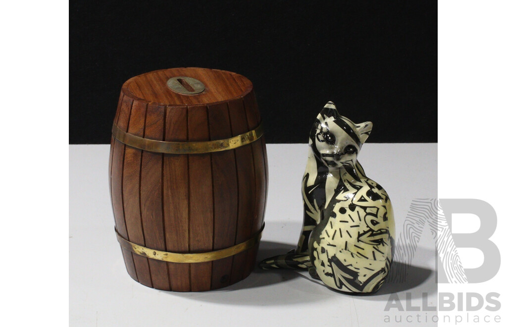 Single Decortive Cat Sculpture and Small Wine Barrel Money Box