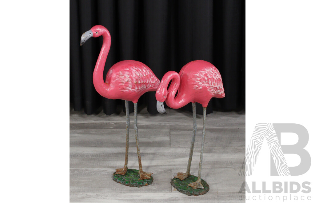 Pair of Large Cast Iron Wading Flamingos