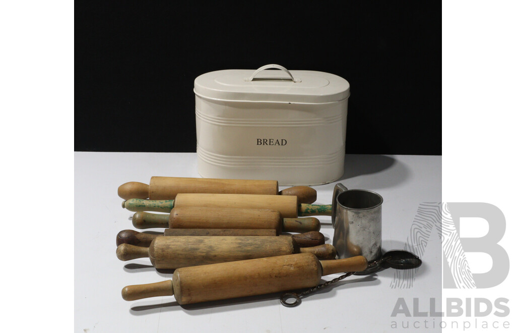 Collection of Wooden Rolling Pins with Metal Bread Tin
