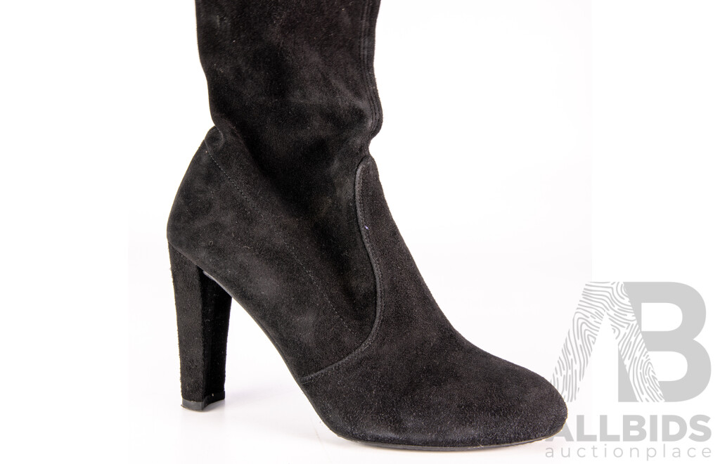 Pair of Thigh High Highland Back Suede High Heel Boots by Stuart Weitzman in Original Box, Size U.S. 8