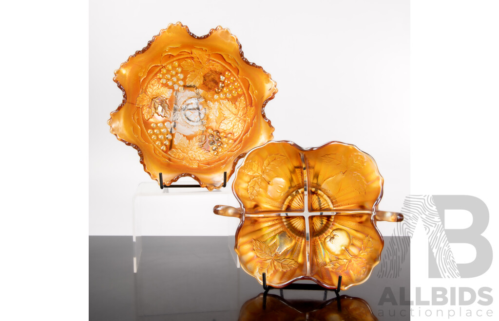 Two Pieces Vintage Indiana Marigold Carnival Glass Dish Including Quartered Appetizer Dish