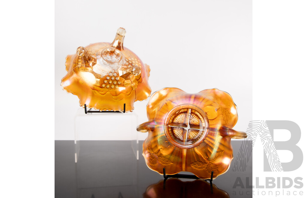 Two Pieces Vintage Indiana Marigold Carnival Glass Dish Including Quartered Appetizer Dish