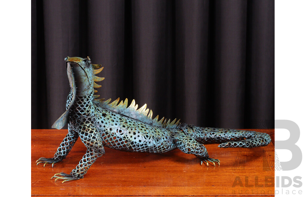 Painted Pierced Metal Bearded Dragon Lizard Sculpture