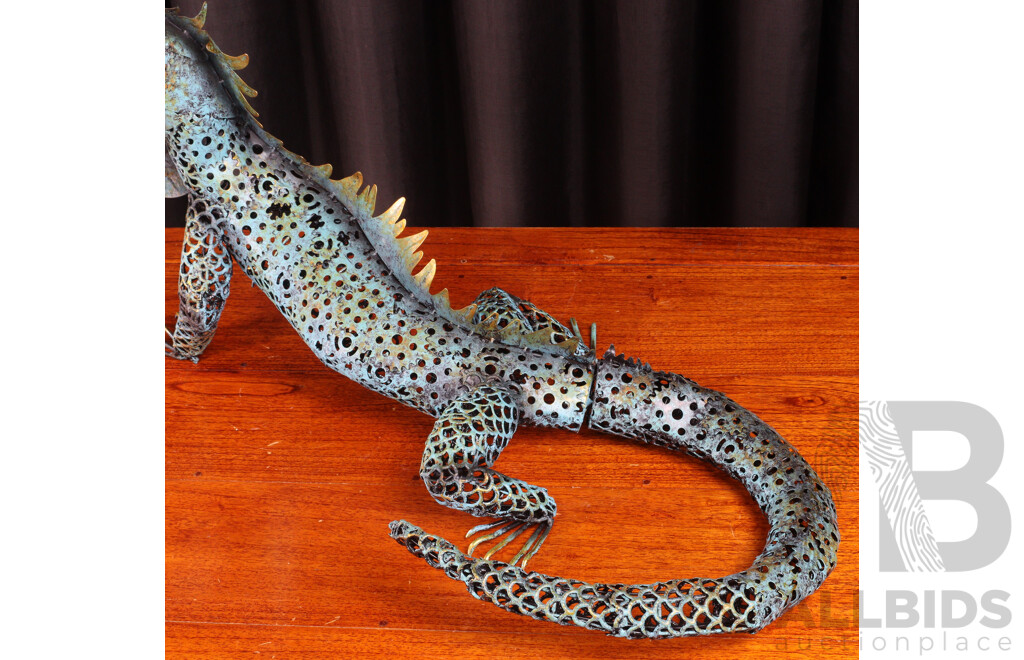 Painted Pierced Metal Bearded Dragon Lizard Sculpture