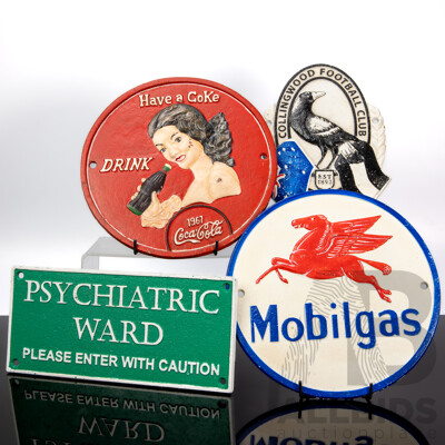 Collection of Four Reproduction Cast Iron Signs