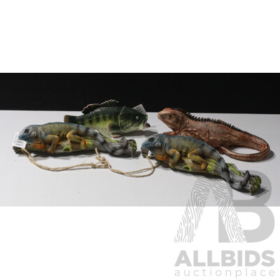 Collection of Three Composite Lizards and a Fish