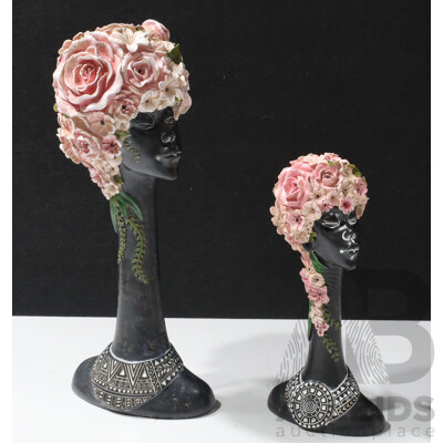 Pair of Decorative African Womas Heads Sculptures with Elaborate Floral Headpiece