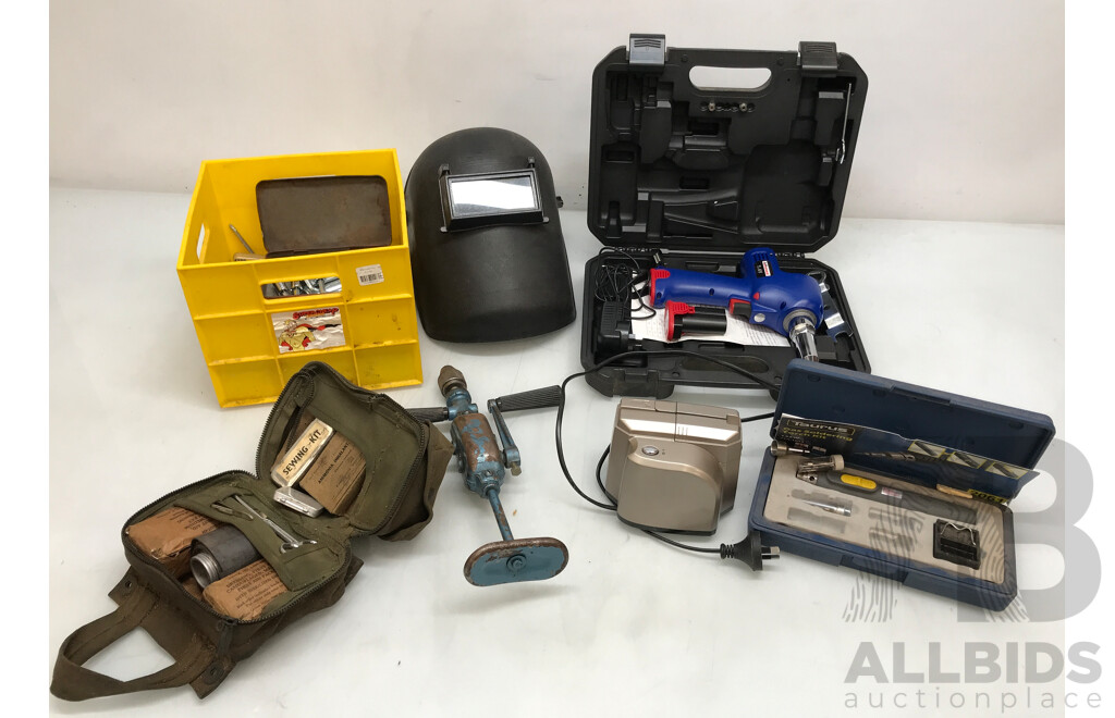 Assorted Tools and Equipment Including Welding Mask, Torch Kit, Sewing Kit, and More