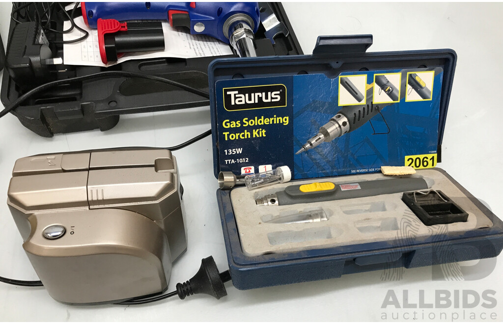 Assorted Tools and Equipment Including Welding Mask, Torch Kit, Sewing Kit, and More