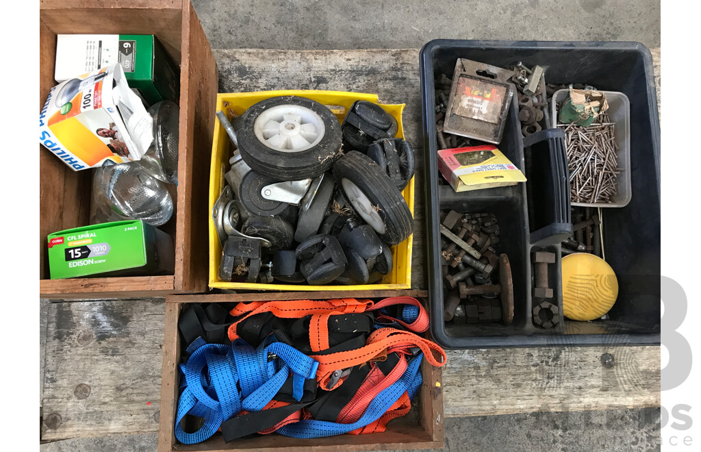 Bulk Lot of Tools and Equipment Including Lights, Straps, Castor Wheels, Nails, and More