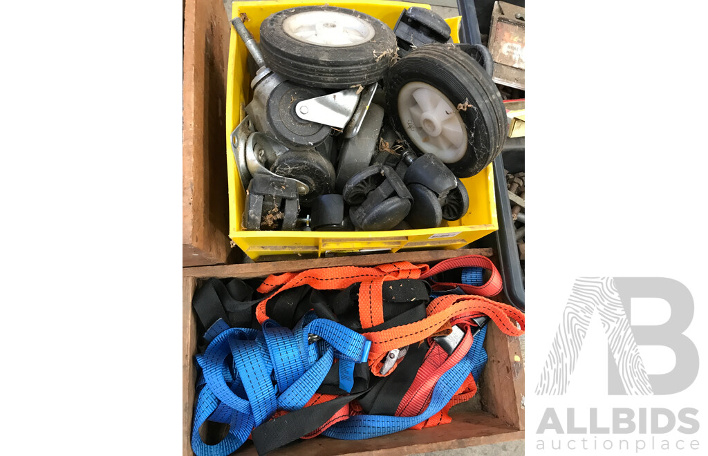 Bulk Lot of Tools and Equipment Including Lights, Straps, Castor Wheels, Nails, and More
