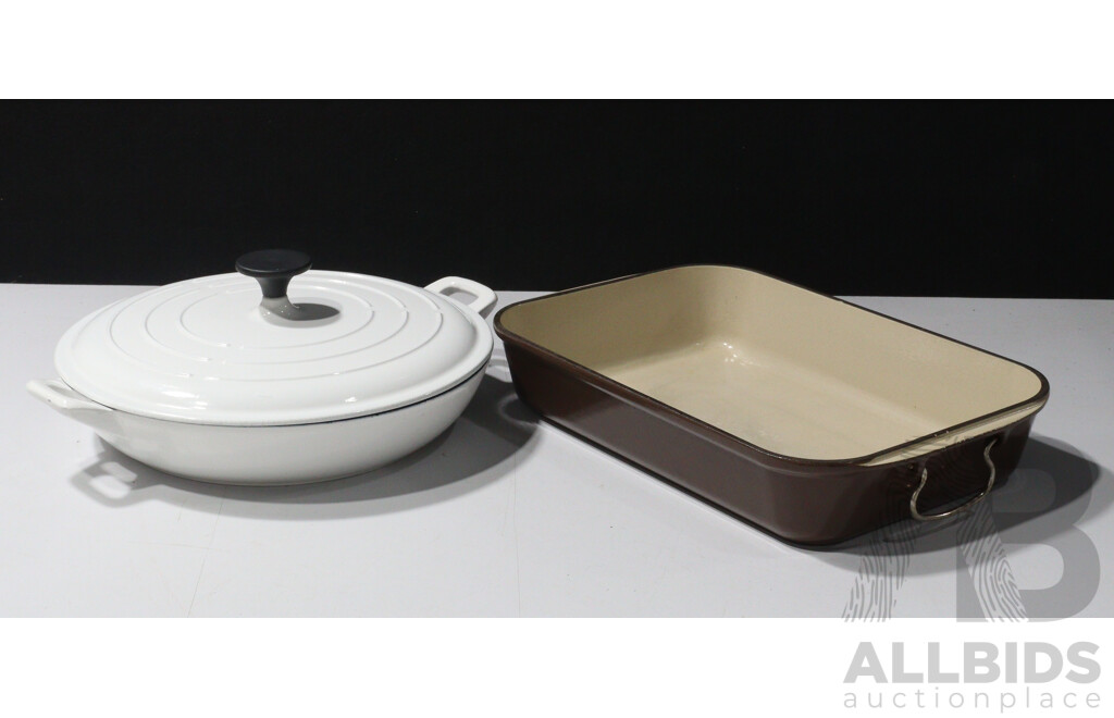 Le Crueset French Enamellled Cast Iron Baking Dish Along with Lidded Shallow Casserole