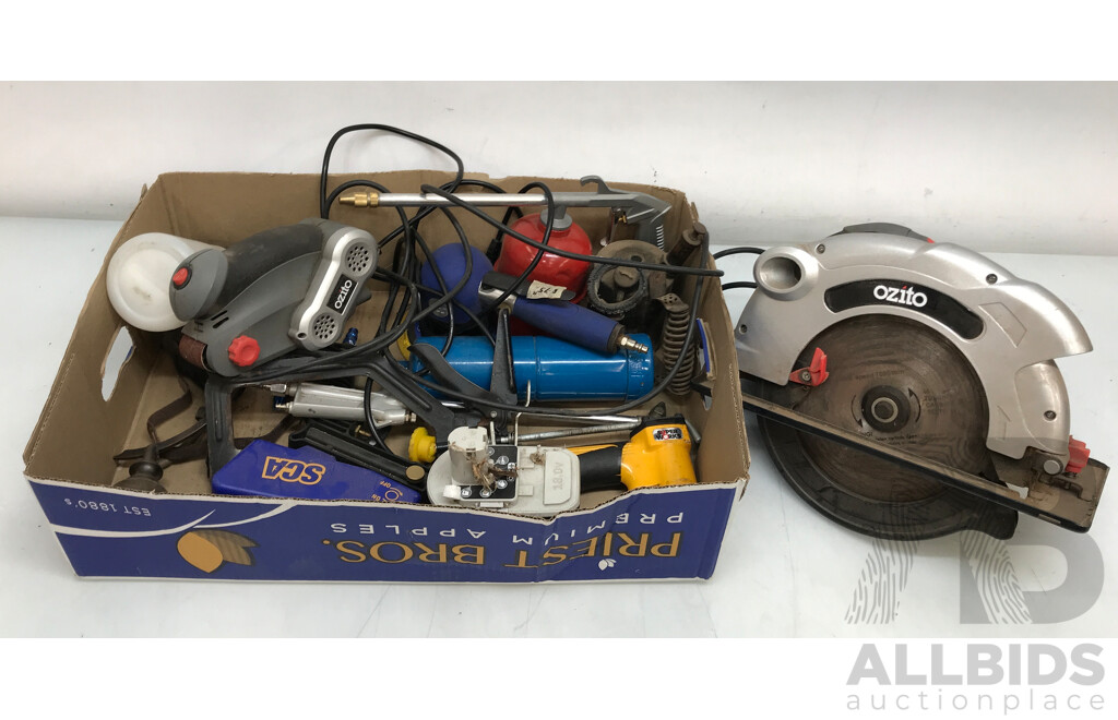 Assorted Tools and Equipment Including Ozito Circular Saw and Palm Belt Sander