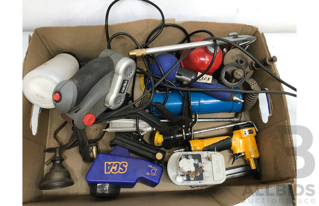 Assorted Tools and Equipment Including Ozito Circular Saw and Palm Belt Sander