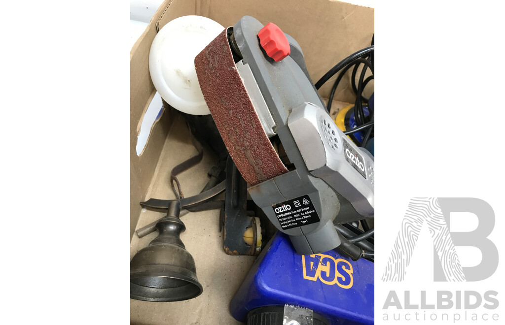 Assorted Tools and Equipment Including Ozito Circular Saw and Palm Belt Sander