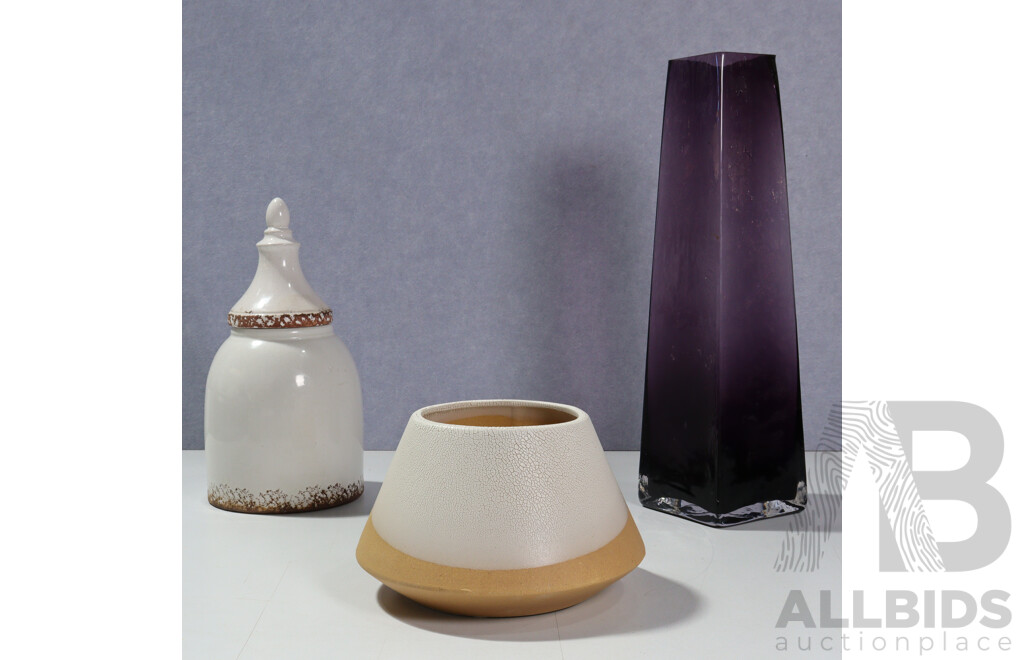 Parple Art Glass Vase, Ceramic Lidded Container and Ceramic Vase
