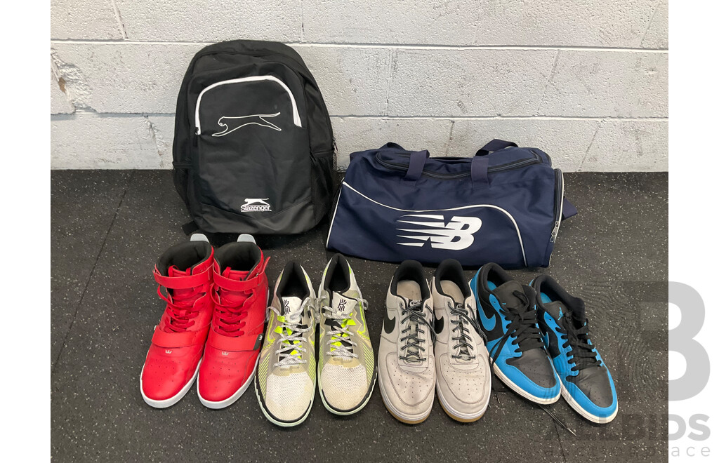 NIKE Sneakers Size US 13, NB Bag and SLAZENGER Backpack - Lot of 6