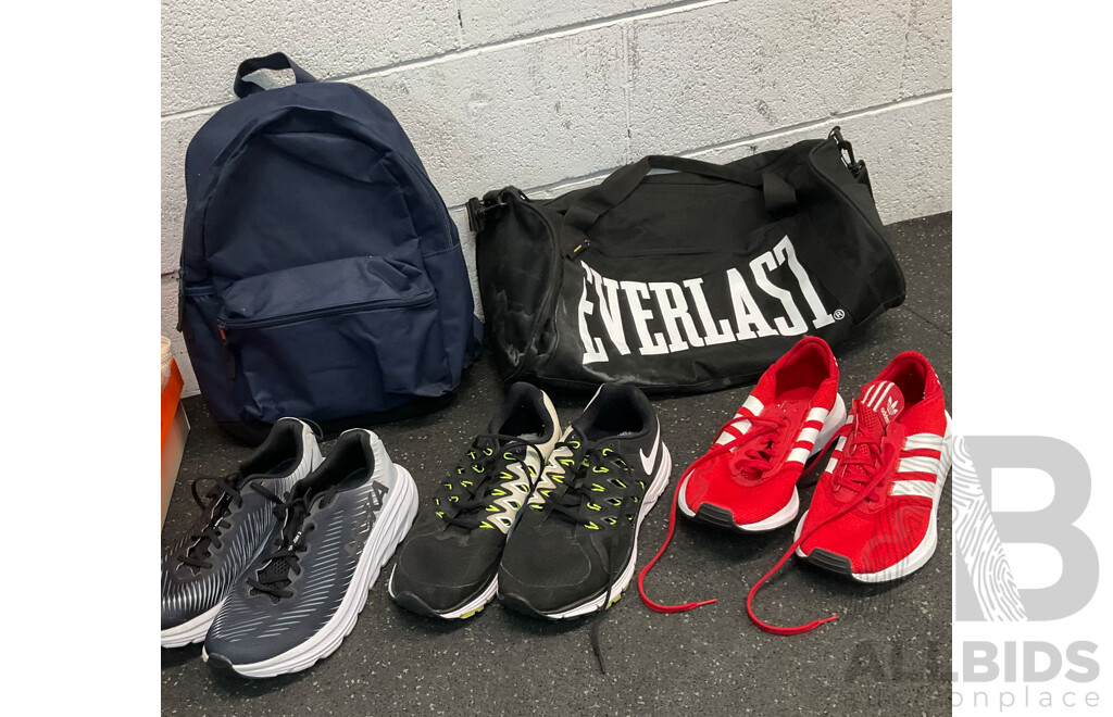ASSORTED Sneakers, Including HOKA US11B, NIKE US10, ADIDAS US10 and Backpack, Duffle Bag - Lot of 5