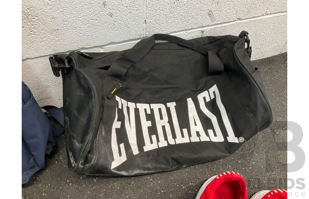 ASSORTED Sneakers, Including HOKA US11B, NIKE US10, ADIDAS US10 and Backpack, Duffle Bag - Lot of 5