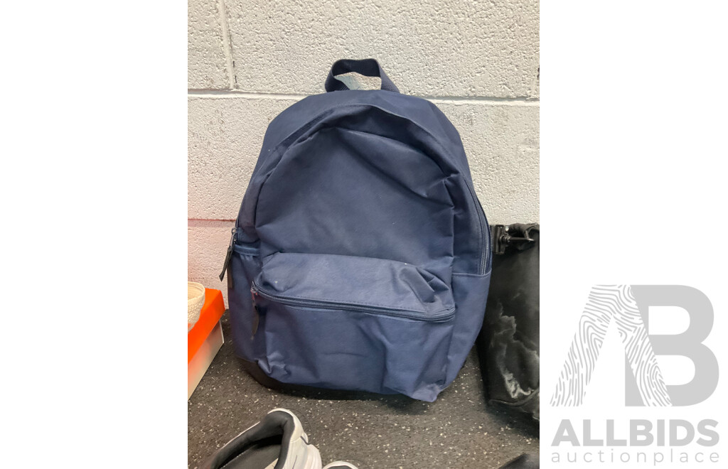 ASSORTED Sneakers, Including HOKA US11B, NIKE US10, ADIDAS US10 and Backpack, Duffle Bag - Lot of 5