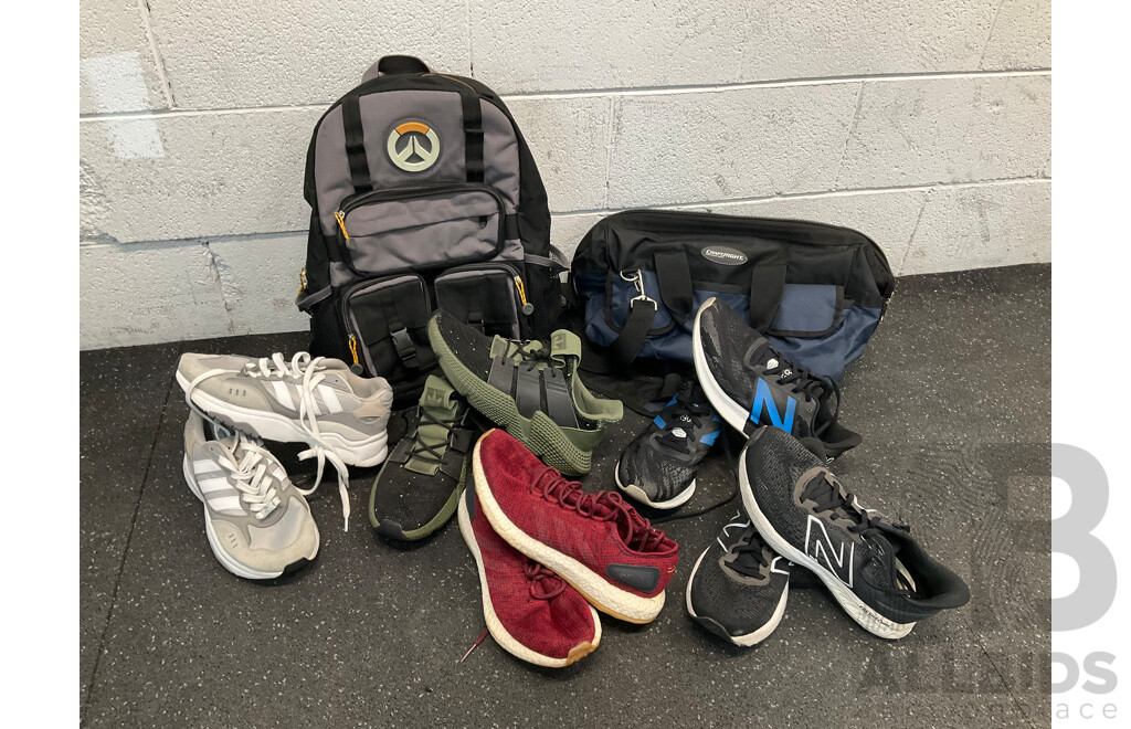 ASSORTED Sneakers, Including ADIDAS, NB Size US8,9,9.5 and Backpack, Tool Bag - Lot of 7