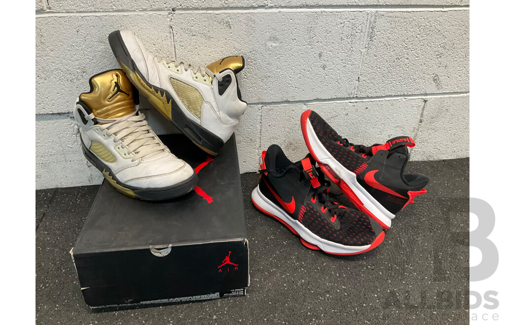 JORDAN 5 Retro Olympic 2016 White Gold Sneakers Size US 9.5 and NIKE Basketball Shoes Size US9 - Lot of 2