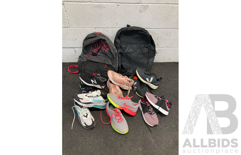 Assorted Sneakers Size US 8, 6.5, 5, 4, 2 Including NIKE, NB and Assorted Backpacks  - Lot of 8