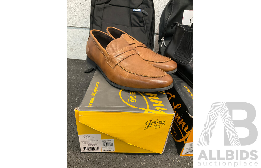 JOHNY BIG Black Morgan Leather Chelsea Boot and Bowden Tan Leather Loafer Style Boots, Assorted Backpacks - Lot of 4