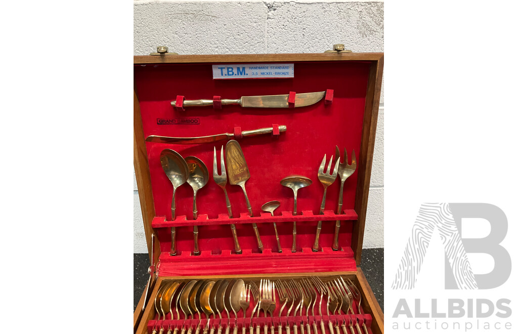 GRAND BAMBOO Thai Nickel Bronze Flatware Cutlery Set with Timber Case