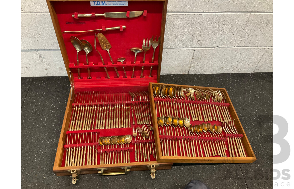GRAND BAMBOO Thai Nickel Bronze Flatware Cutlery Set with Timber Case