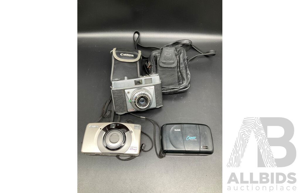 KODAK Retinette Camera, CANON Sure Shot 105zoomS Camera, KODAK Cameo Focus Free Camera and Two Camera Cases - Lot of 5
