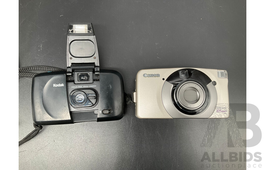 KODAK Retinette Camera, CANON Sure Shot 105zoomS Camera, KODAK Cameo Focus Free Camera and Two Camera Cases - Lot of 5