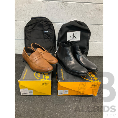 JOHNY BIG Black Morgan Leather Chelsea Boot and Bowden Tan Leather Loafer Style Boots, Assorted Backpacks - Lot of 4