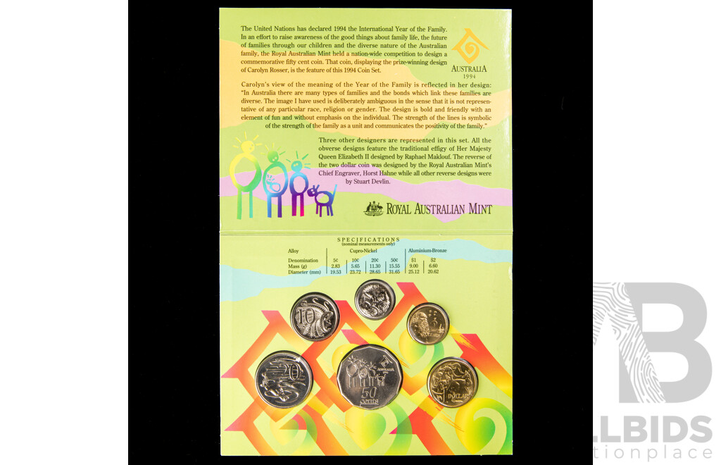 Australian RAM 1994 and 1995 Six UNC Coin Sets, Year of the Family, Weary Dunlop