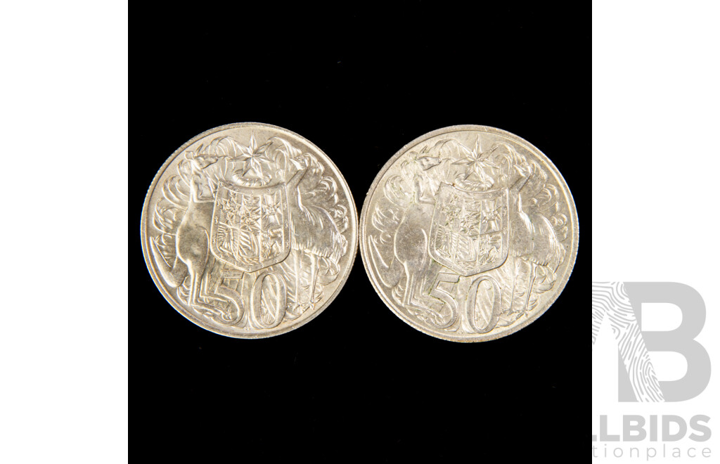 Two Australian 1966 Round Silver Fifty Cent Coins .800