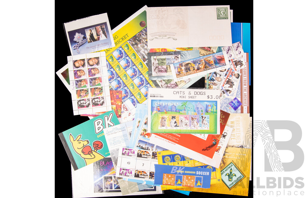 Australian 2000's Mint Stamp Mini Sheets, Blocks and Packs Including Australian Legends, Boxing Kangaroo, Eureka, 50 Years of Space, Year of the Rooster, 50 Years of Television and More