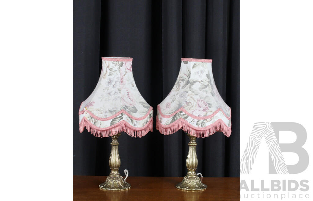 Pair of Brass Table Lamps with Fabric Shades