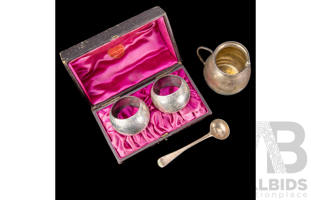 Collection Antique Sterling Silver Comprising Pair Napkin Rings in Original Case, London 1887, Small Jug, Birmingham 1911 & Teaspoon London 1788, Total Weight: 91gm