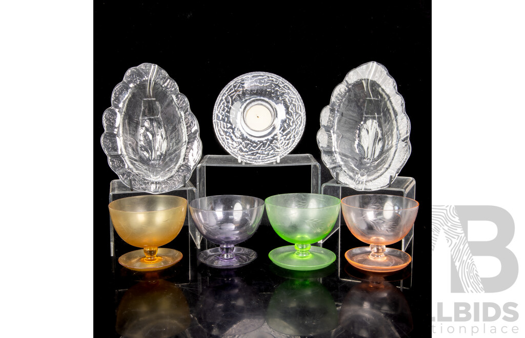 Retro Orrefors Saucer Votive, Set Four Harlequin Coloured Coupes and Pair Textured Glass Leaf Form Dishes