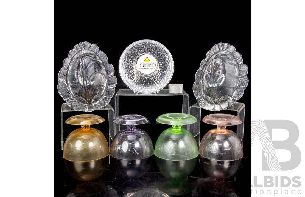 Retro Orrefors Saucer Votive, Set Four Harlequin Coloured Coupes and Pair Textured Glass Leaf Form Dishes