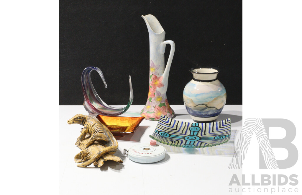 Collection Decorator Pieces Including NZ Hokitika Hot Glass Basket, Bendigo Pottery Vase, Lizard Sculpture by Edi Gertrud and More