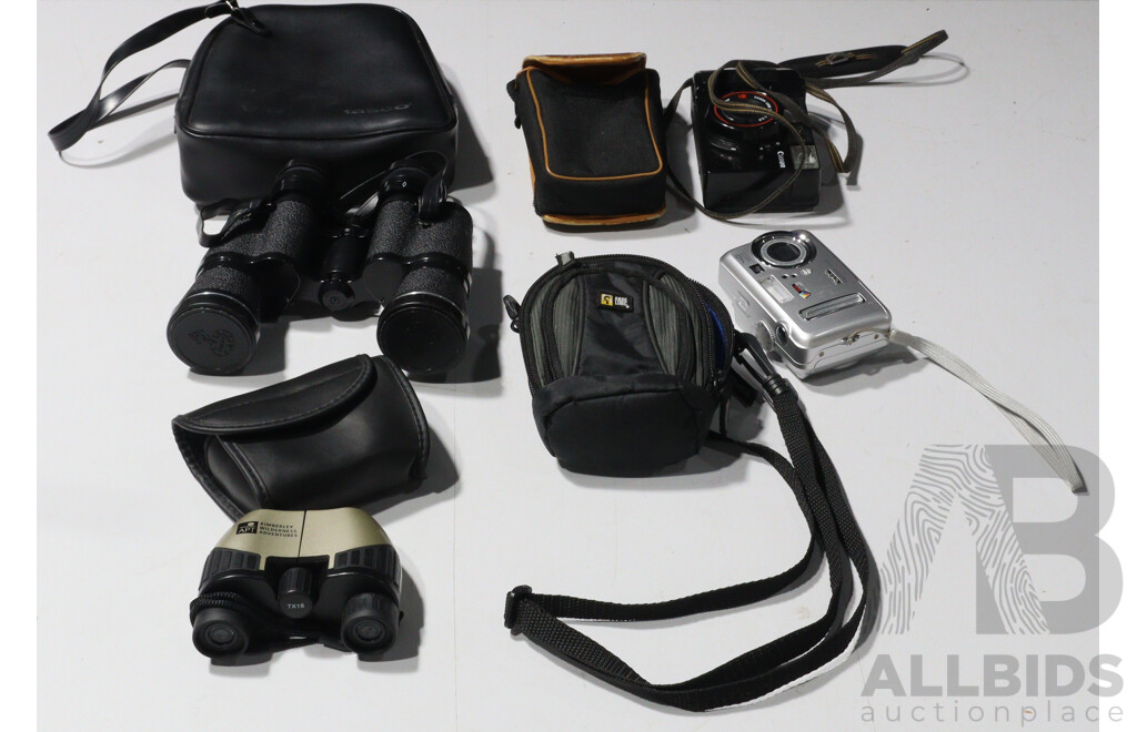 Set Tasco Zip 8 X 40 Binoculars, Smaller Set Binoculars, Kodak Easyshare Digital Camera in Case, Canon Auto Focus Film Camera in Case