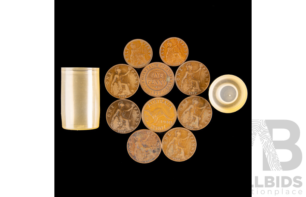 Australian RAM Australian Customs Service Medallion, Pennies 1923, 1948, UK Pennies 1915, 1918(3) 1919, 1920, Half Pennies 1936(2)