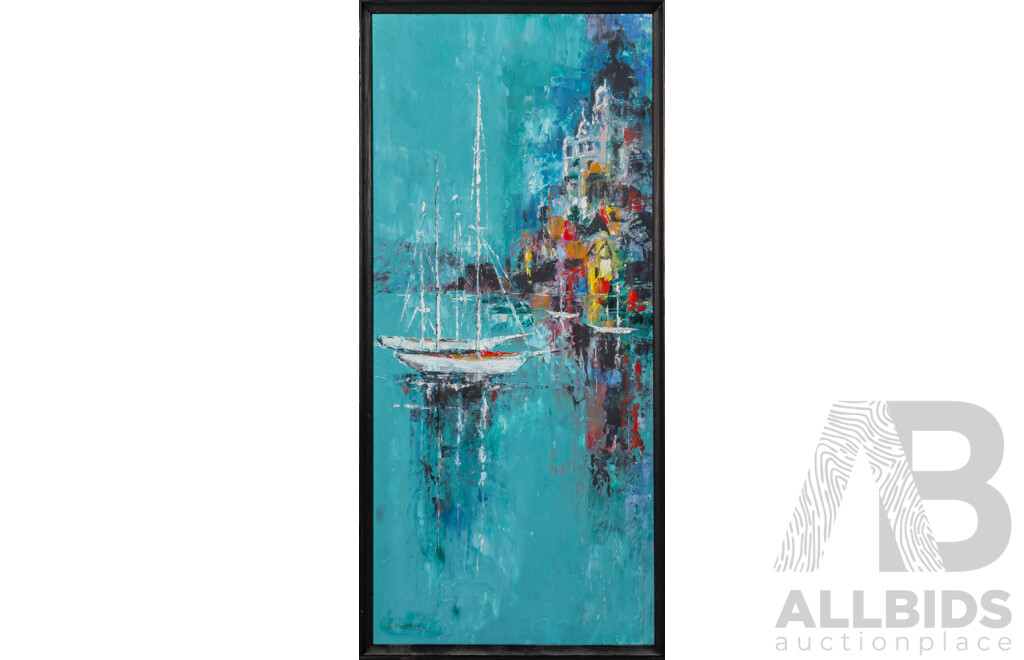 R.Greig (20th Century), Lone Boat at Colouful Harbour, Original Acrylic on Masonite, 63 x 29.5 cm (frame)