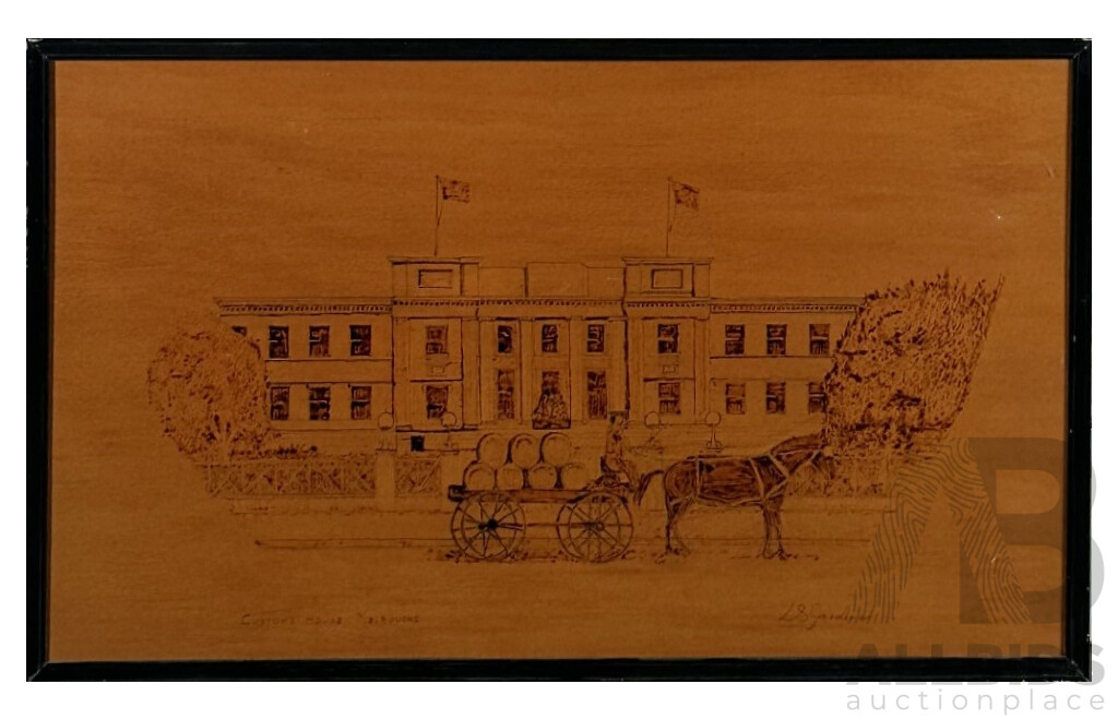 L.S. Gardiner, (20th Century, Australian), Customs House, Melbourne, Vintage Original Pyrography, 36 x 61 cm (frame)