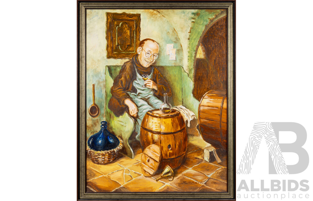 R. Greig, (20th Century), Time for a Tipple (1989), Original Oil on Masonite, 85 x 67 cm (frame)